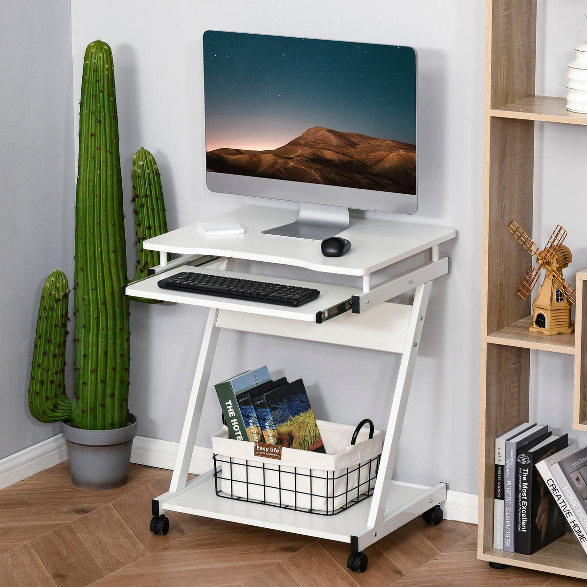 COMPUTERTISCH Weiß rollbar mit Tastaturauszug und Ablage 60/48/73 cm - Weiß, Holzwerkstoff (48/60/73cm) - PANGIVO