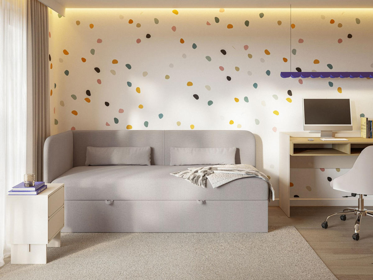 JUGENDBETT Calmmo Dunkelbeige mit Chenille-Bezug, Kopfteil links - Beige, Textil (90/200cm) - Selsey