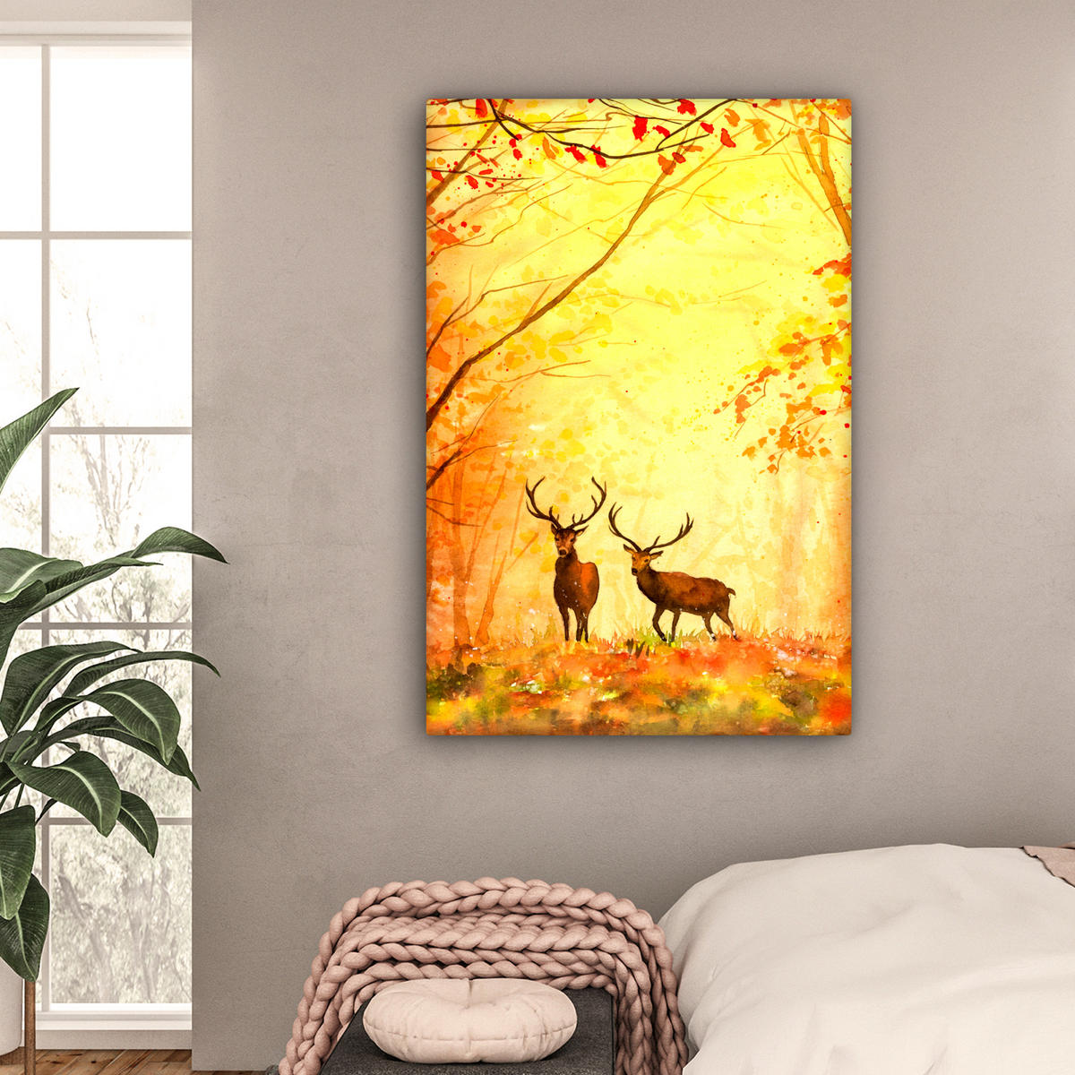 LEINWANDBILD Natur - Ölfarbe - Hirsche - Tiere - Herbst - Orange Deko Groß 90x140 cm - Orange, Textil (90/140cm) - MuchoWow
