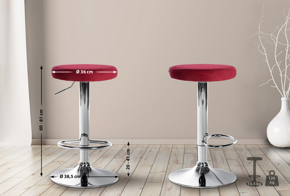 BARHOCKER 2er Set Samt rot - Rot, Textil/Metall (38.5/60/38.5cm) - CLP