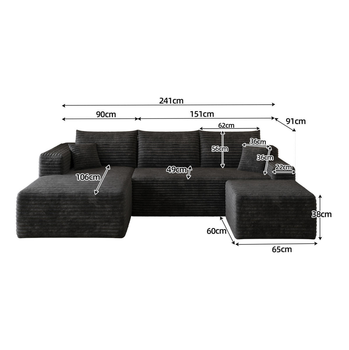 ECKSOFA 241/151/58 cm schwarz aus Stoff ohne Montage - Schwarz, Textil (151/241cm) - OKWISH