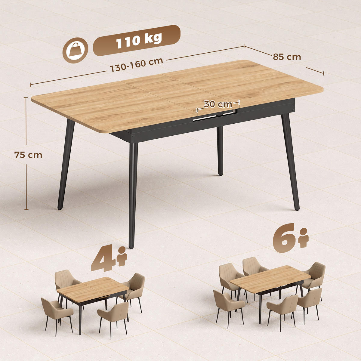 AUSZIEHBARER-ESSTISCH MDF Metall Eiche - Eichefarben/Schwarz, Holzwerkstoff/Metall (160/85/75cm) - HOMCOM
