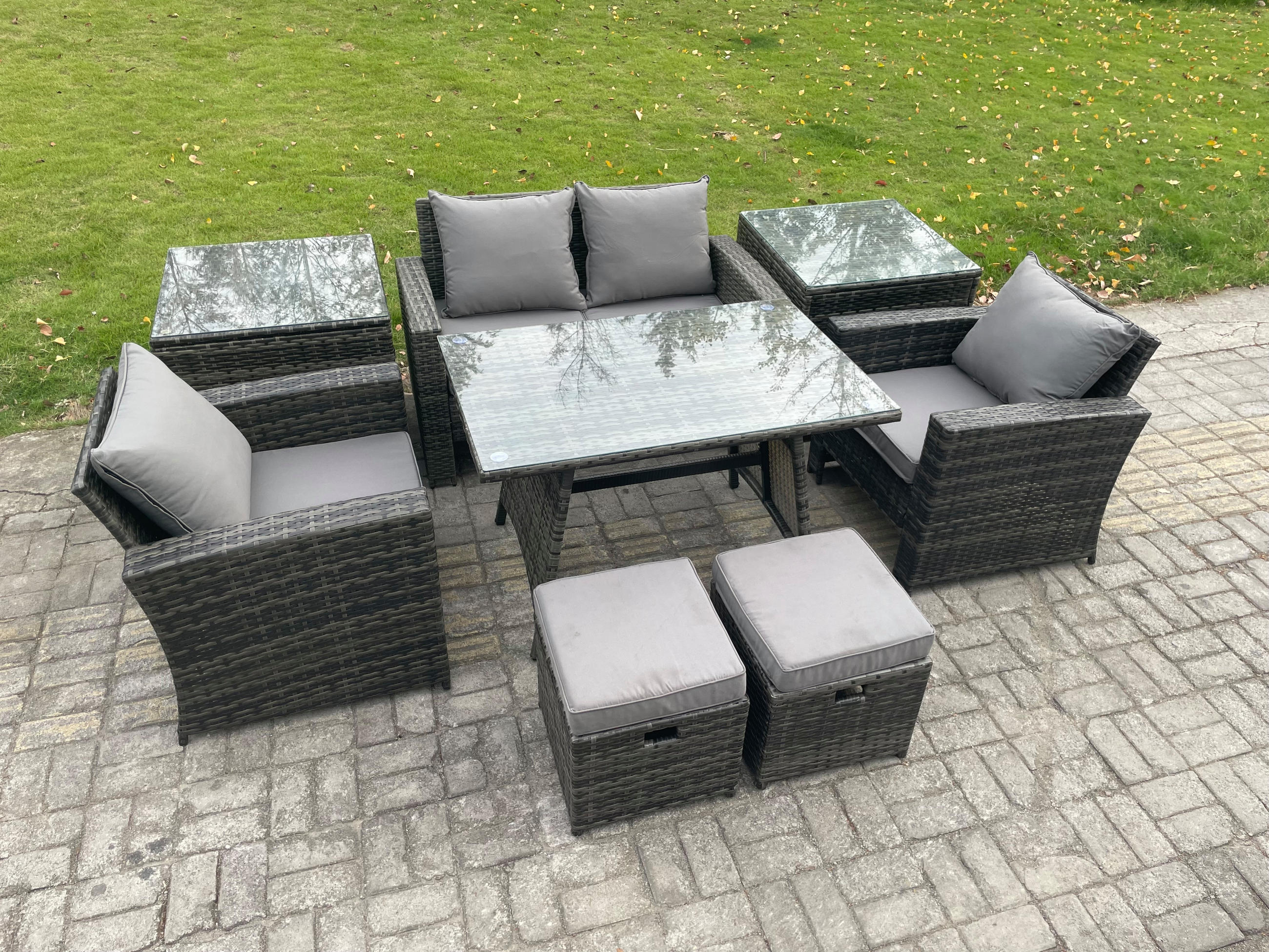 GARTENMÖBELSET mit ESSTISCH,HOCHLEHNER-SOFA Polyrattan Dunkelgrauer Mix 6-Sitzer - Dunkelgrau/Grau, Glas/Kunststoff - Fimous