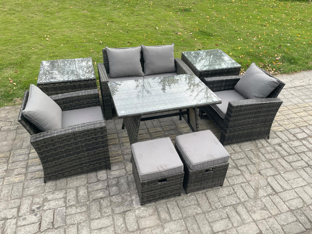 GARTENMÖBELSET mit ESSTISCH,HOCHLEHNER-SOFA Polyrattan Dunkelgrauer Mix 6-Sitzer - Dunkelgrau/Grau, Glas/Kunststoff - Fimous