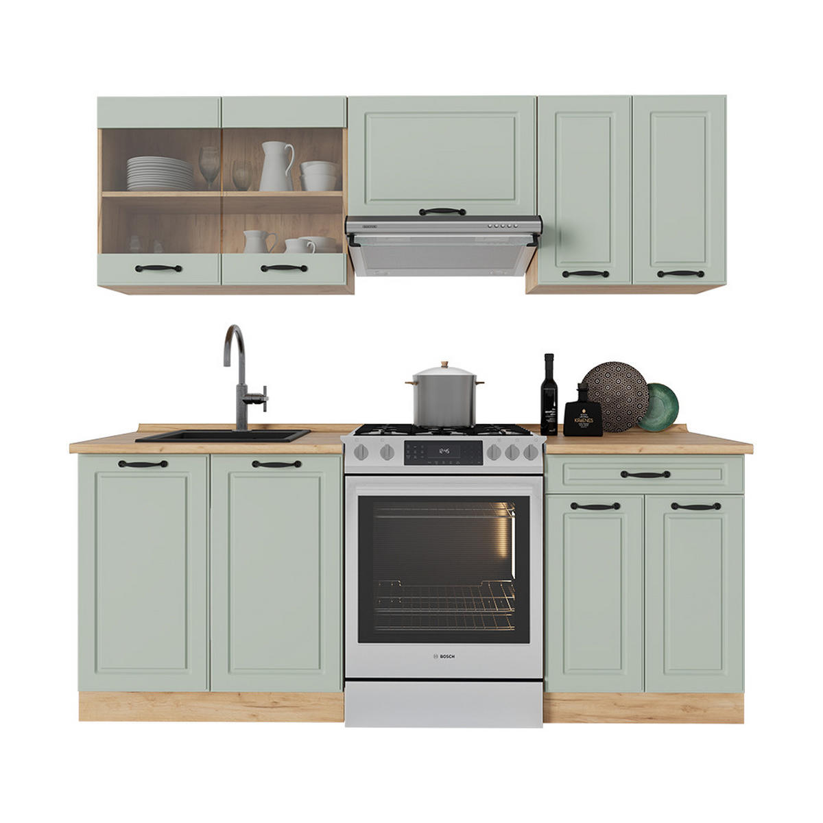 KÜCHENZEILE R-Line, Mint Landhaus/Goldkraft Eiche, 200 cm Arbeitsplatte Anthrazit - Honigeiche/Grün, Holzwerkstoff (200/81.6/60cm) - Vicco