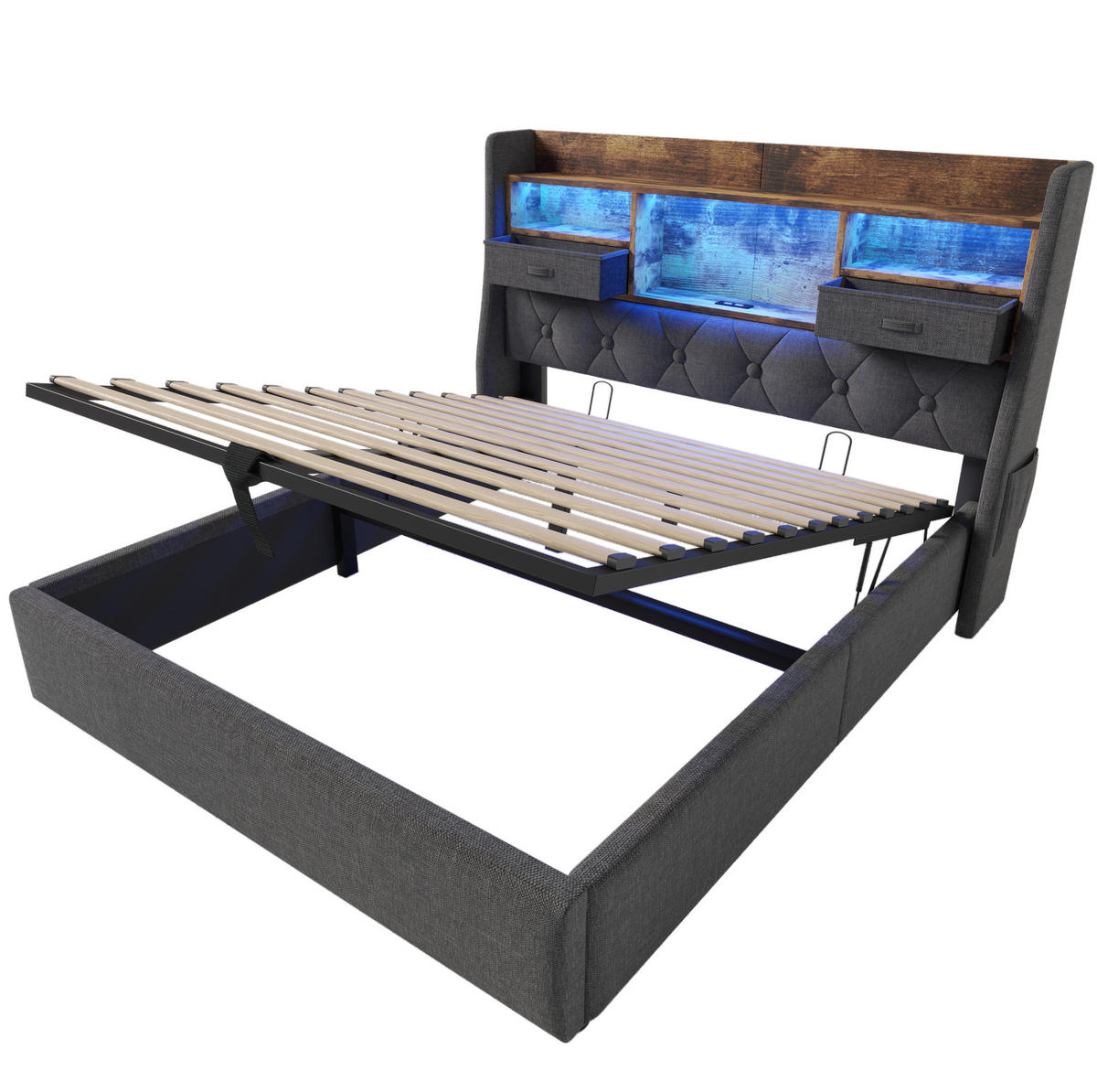 POLSTERBETT mit LED-Beleuchtung 140/200 cm mit Bettkasten & gepolstertem Kopfteil - Grau, Textil (140/200cm) - BEAOK