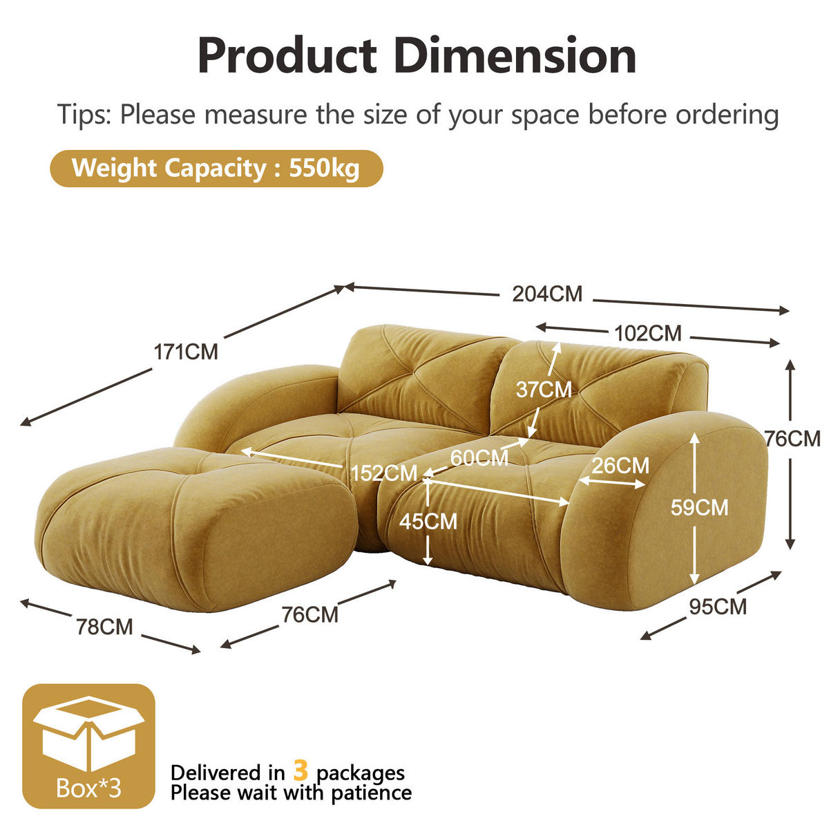 SOFA modular Chenille Gelb - Gelb, Kunststoff (171/204cm) - Meubliv