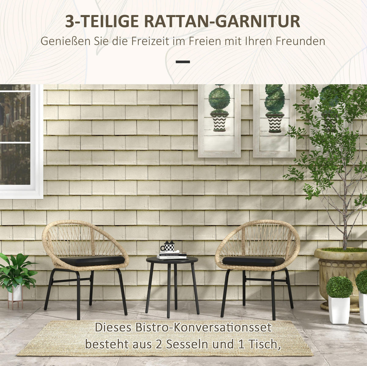 BALKONSET Gartenmöbel-Set aus Rattan mit 2 Stühlen und Rundtisch Gelb - Gelb, Naturmaterialien