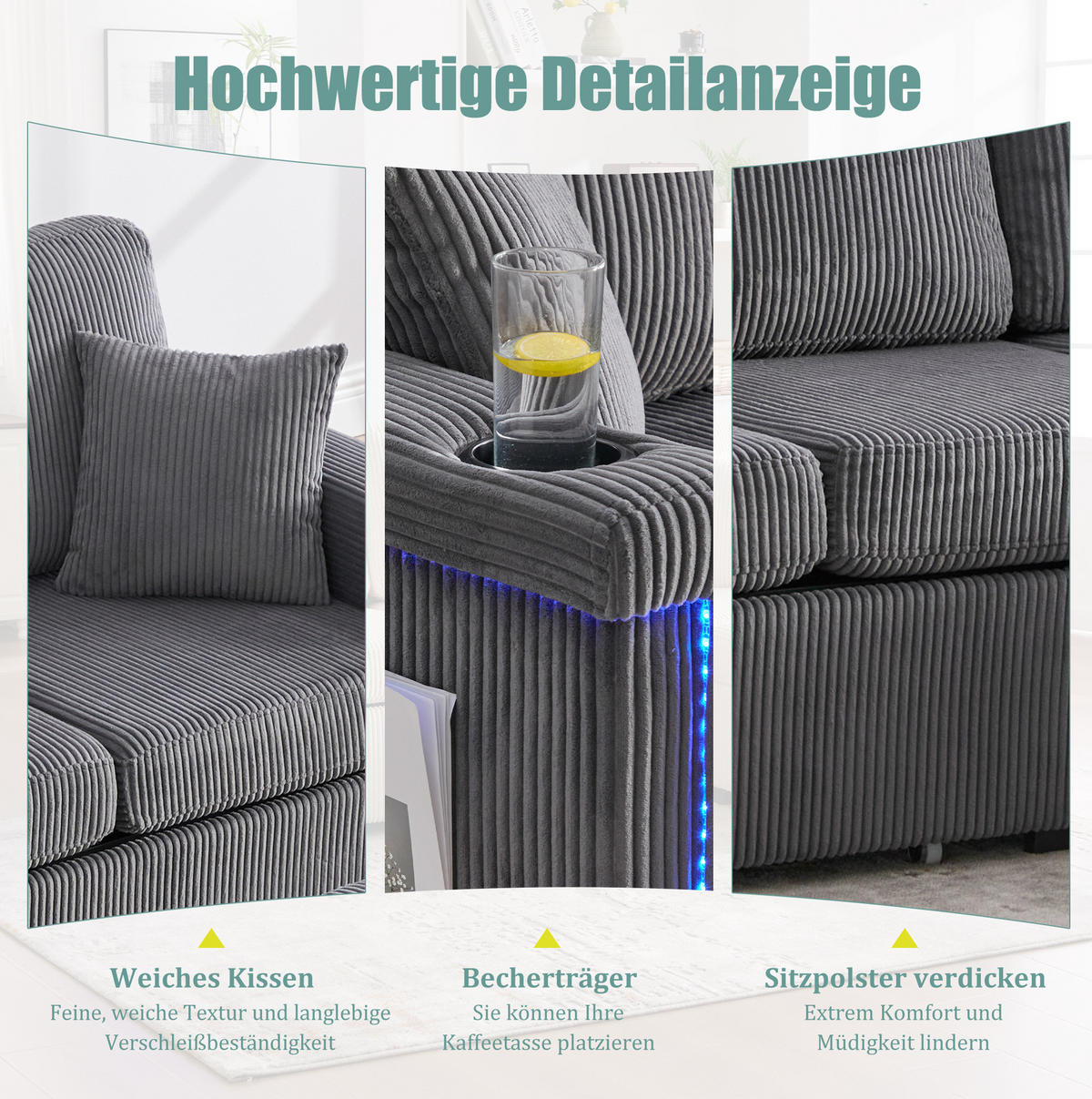 SOFA Corduroy mit LED und USB-Anschluss Stauraum 194/73/81 cm Dunkelgrau - Dunkelgrau, Textil (73/194cm) - Redom
