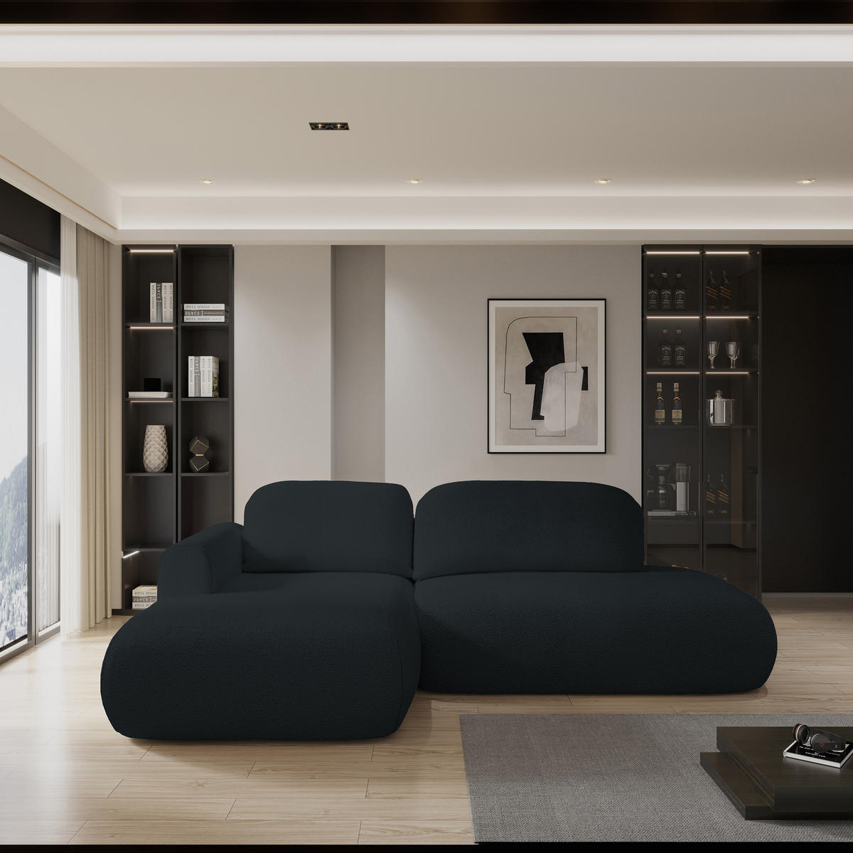 ROHOVÁ SEDAČKA NUVIRA černá - černá, dřevo/textil (279/158cm) - MASSENO