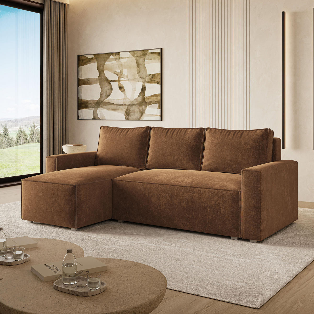 ECKSOFA POTARO LM Hellbraun Chenille mit Schlaffunktion - Hellbraun, Holzwerkstoff/Textil (232/140cm) - MASSENO
