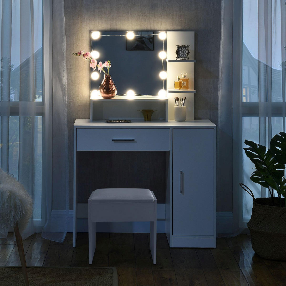 SCHMINKTISCH Zoey mit Schrank und Hocker Melly - Weiß, Holz (38/137/90cm) - Juskys