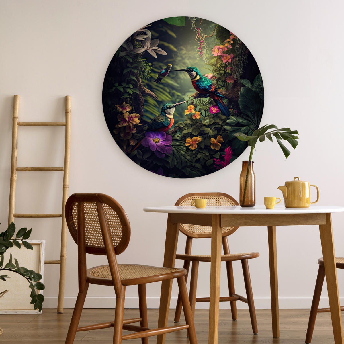 WANDBILD Blumen - Vogel - Dschungel - Pflanzen 90x90 cm - Petrol, Kunststoff (90/90cm) - MuchoWow