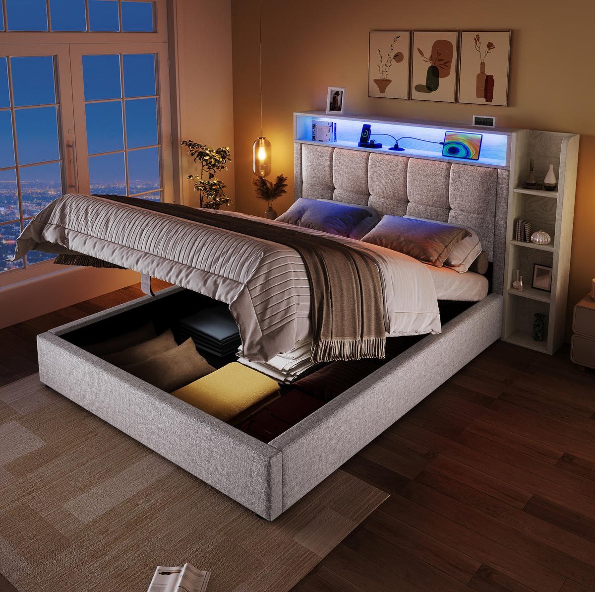 POLSTERBETT 90/200 cm mit USB- und Typ-C-Anschluss, LED-Beleuchtung, Bettkasten und Leinenbezug, Beige - Beige, Textil (90/200cm) - Redom