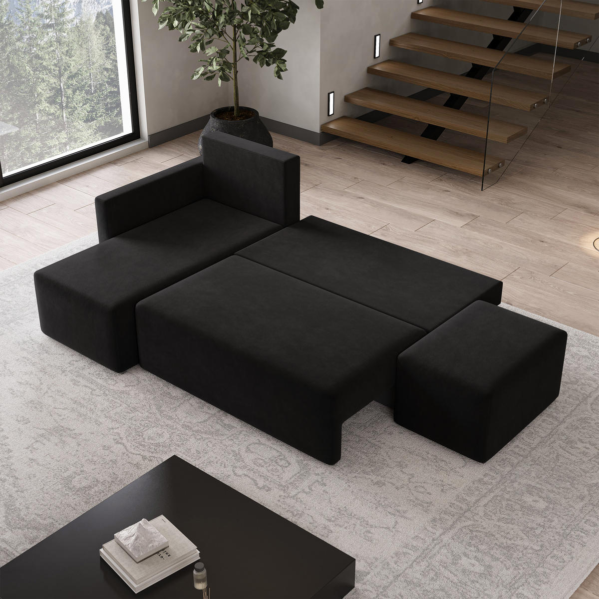 ECKSOFA VELOTTI L-S Schwarz Plüsch-Stoff mit Schlaffunktion - Schwarz, Holz (261/143cm) - MASSENO