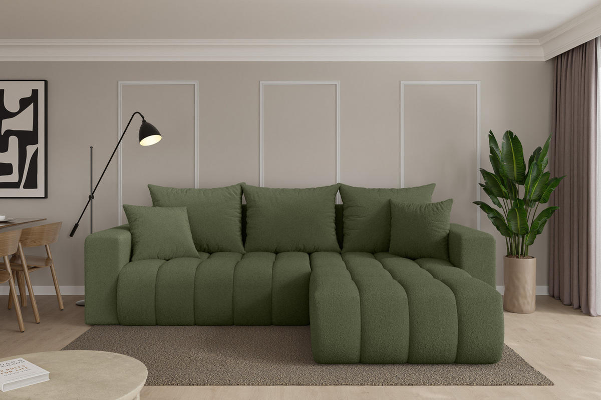ROHOVÁ SEDAČKA s funkcí spaní, otoman vpravo MILA-L-v1 277x195x86 zelená bouclé - černá/zelená barva, kompozitní dřevo/textil (277/194cm) - ALTDECOR