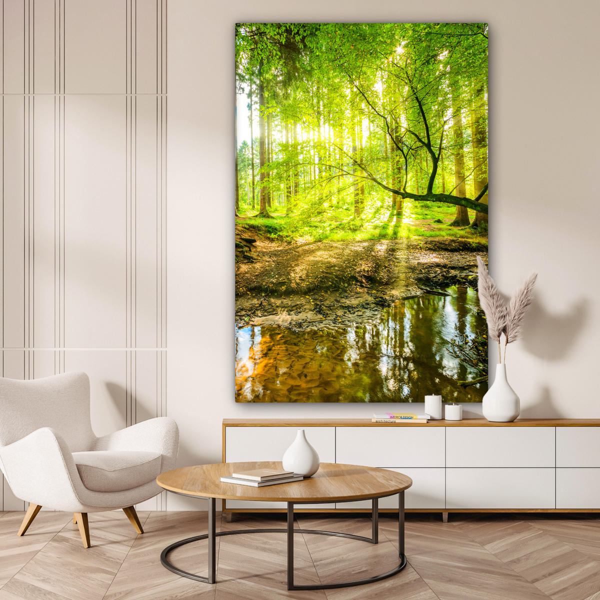 LEINWANDBILD Wald - Landschaft - Wasser - Bäume - Sonne - Grün - Natur Deko Groß 90x140 cm - Grün, Textil (90/140cm) - MuchoWow
