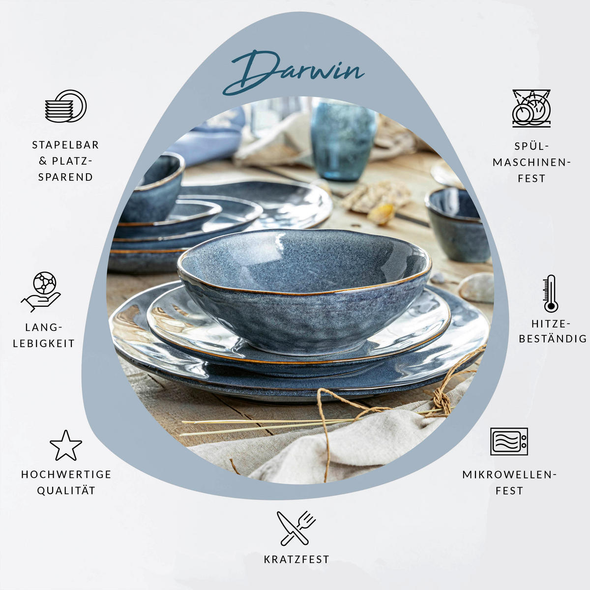 TAFELSERVICE DARWIN - 12 teilig aus Steingut - Blau, Keramik (33.4/34.4/41.2cm) - Sänger
