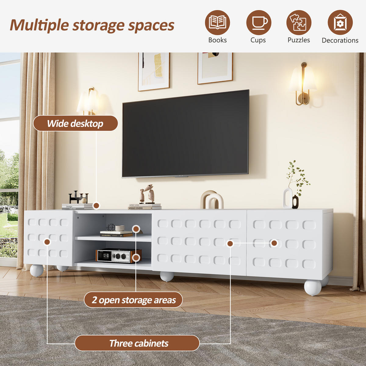 TV-LOWBOARD 200x40x44 cm Weiß 3 Türen Stauraum Schrank - Weiß, Holzwerkstoff (40/44/200cm) - FLIEKS