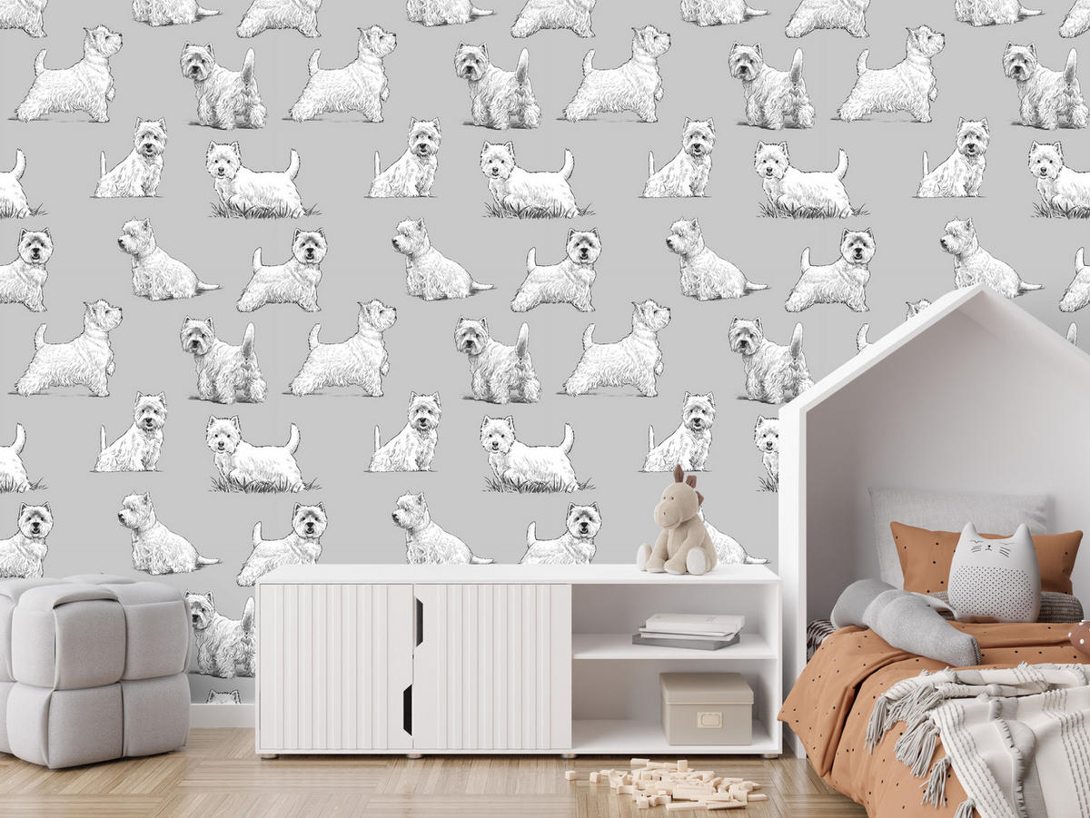 VLIESTAPETE Westie-Hunde – Grau, Weiß – 50x1000 cm - Weiß/Grau, Papier (50/1000cm) - Muralo