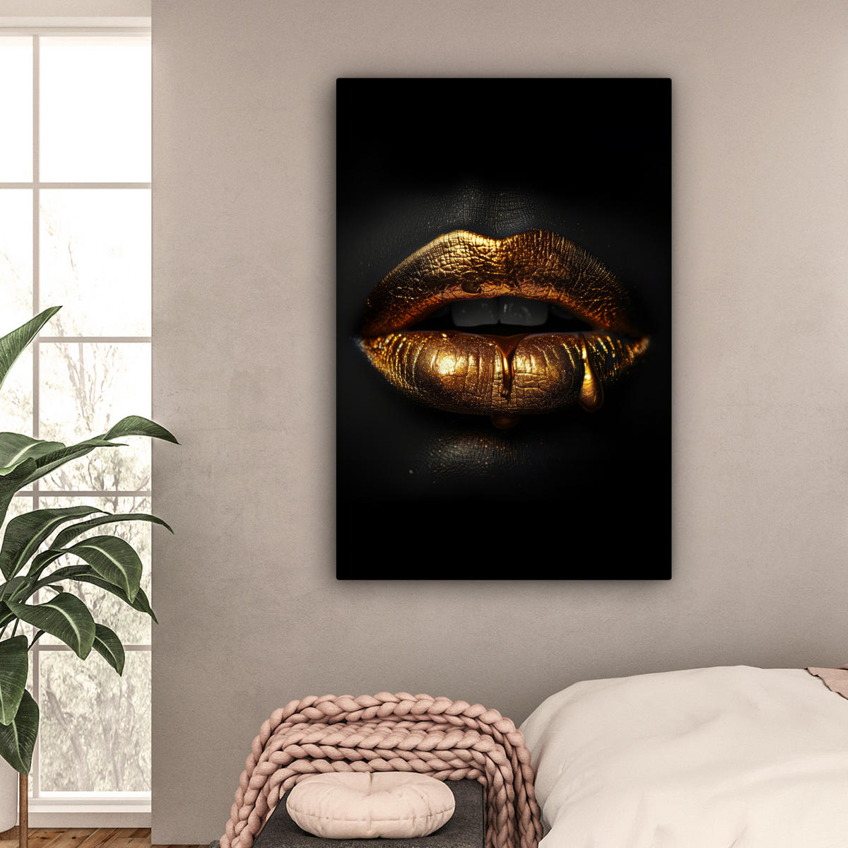 LEINWANDBILD Frau - Porträt - Lippen - Gold - Schwarz Deko Groß 90x140 cm - Schwarz, Textil (90/140cm) - MuchoWow