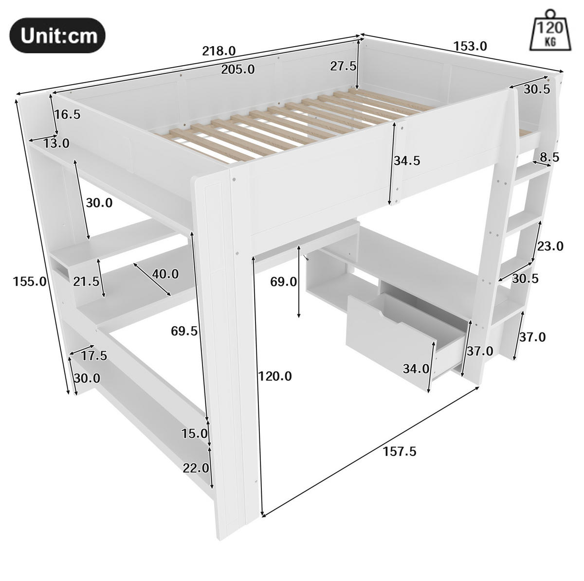 HOCHBETT mit Schreibtisch 140/200 cm in Weiß – mit LED, Regalen und Schublade - Weiß, Holz (140/200cm) - BEAOK