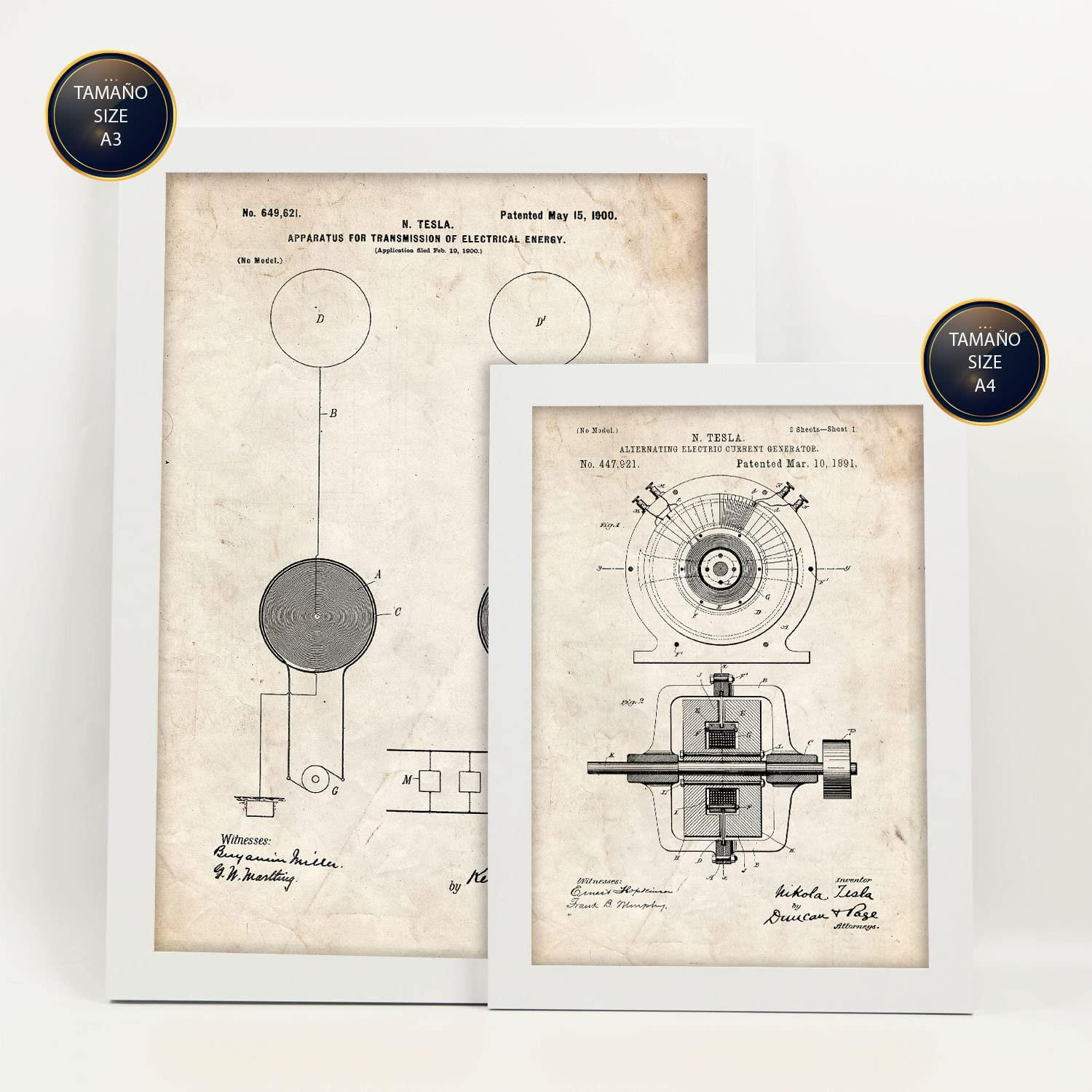 POSTER Set Mit 6 Plakaten Mit Strom 1 Patenten Im Vintage Stil A3 & A4 Weißer Rahmen - Weiß, Papier (29/3cm) - Nacnic