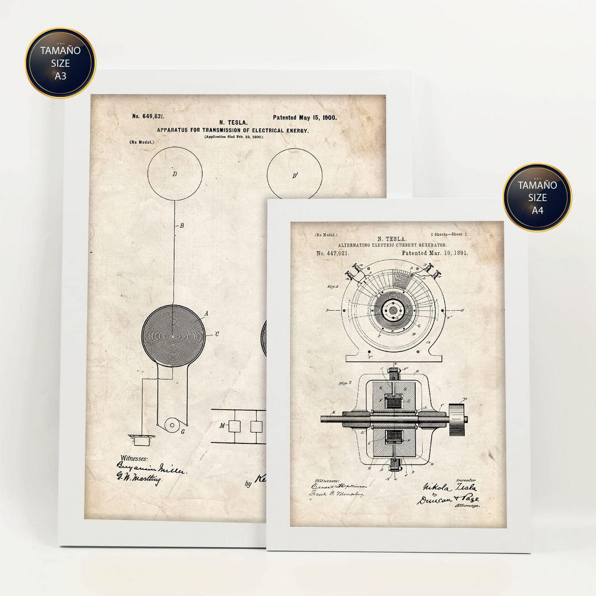 POSTER Set Mit 6 Plakaten Mit Strom 1 Patenten Im Vintage Stil A3 & A4 Weißer Rahmen - Weiß, Papier (29/3cm) - Nacnic