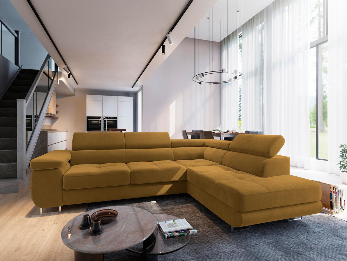 ECKSOFA SELVA R-S Gelb Velours-Stoff mit Schlaffunktion - Gelb, Holz (275/202cm) - MASSENO
