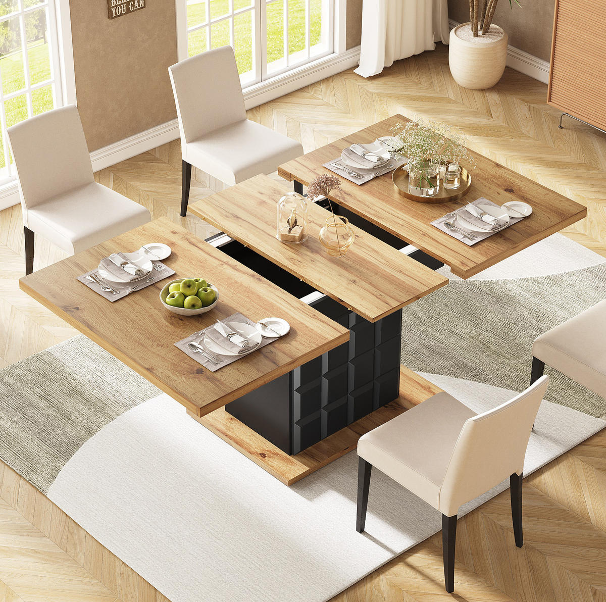 ESSTISCH 110-140/80/75 cm in Schwarz/Natur aus MDF mit Stauraum - Schwarz, Holzwerkstoff (110/80/75cm) - Flora Grace