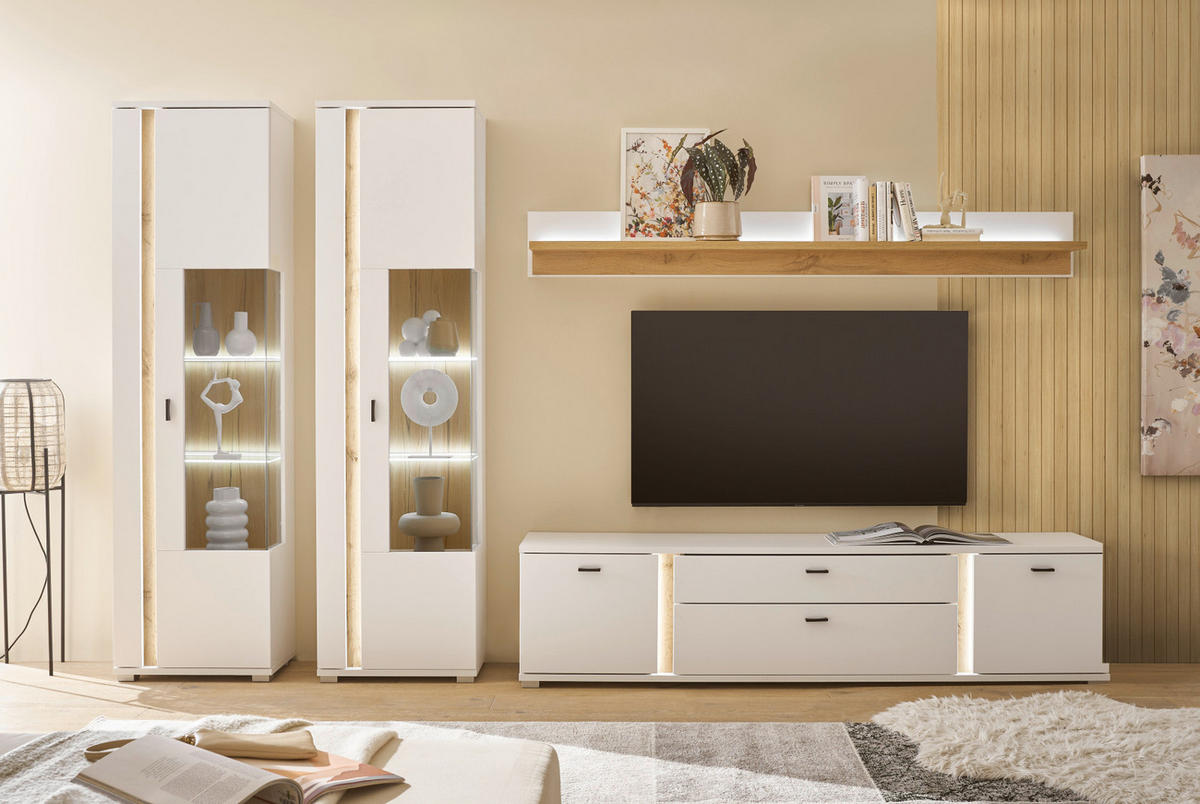 TV-LOWBOARD weiß matt, Eiche Wotan 201 cm, TV Unterteil inklusive Frontbeleuchtung - Silberfarben/Eiche Wotan, Holzwerkstoff/Kunststoff (200/48/42cm) - Furn.Design