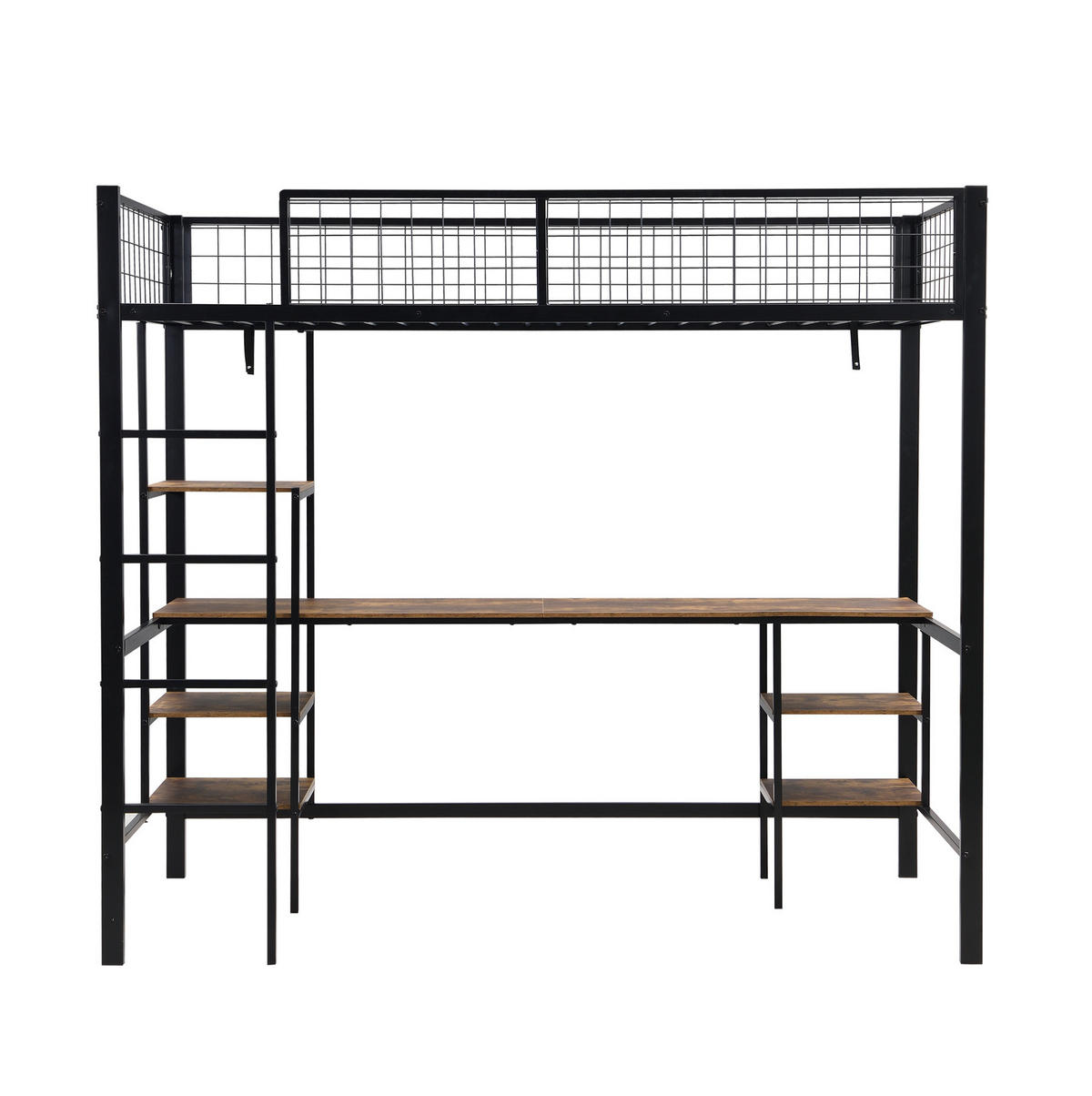 ETAGENBETT 90/200 cm mit Schreibtisch, Regalen, 4-stufiger Leiter und Metallgestell, Schwarz, dunkle Holzfarbe - Schwarz, Metall (90/200cm) - Redom