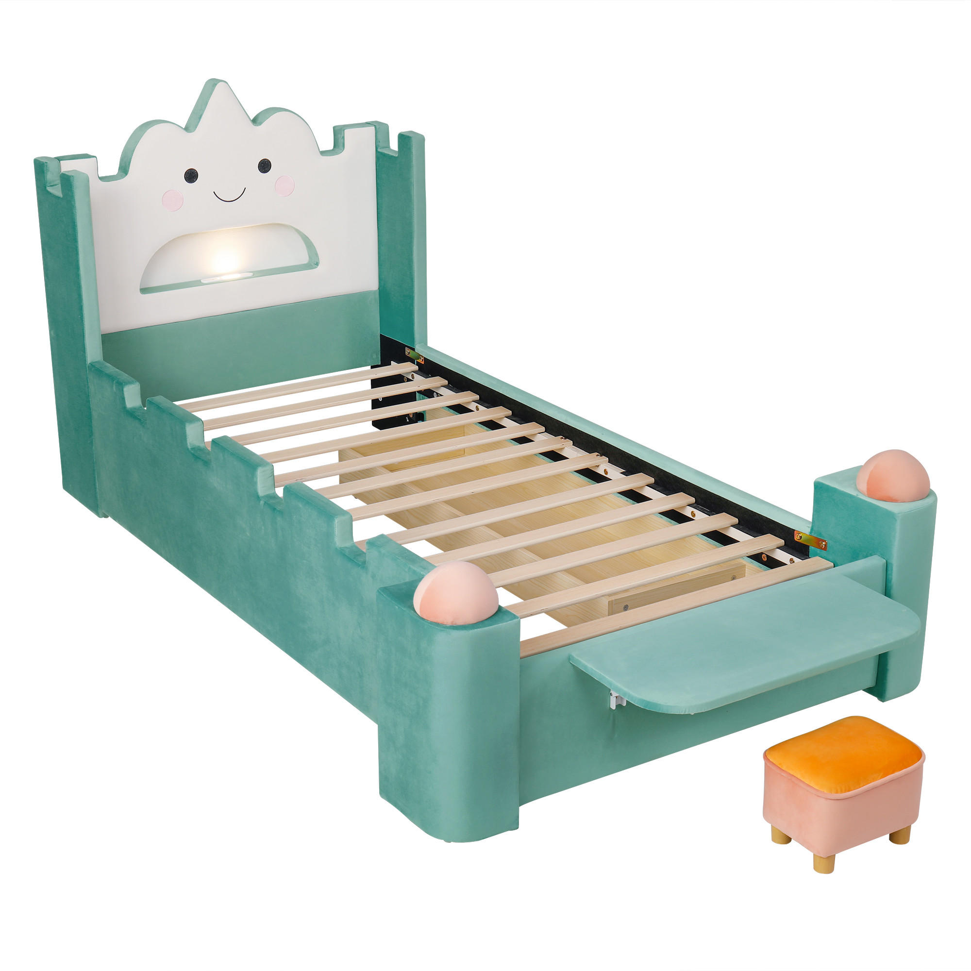 KINDERBETT 90/200 cm DE-32719 mit Wolken-Kopfteil und Stauraum Blaugrün - Grün, Holzwerkstoff (90/200cm) - ComfortXL