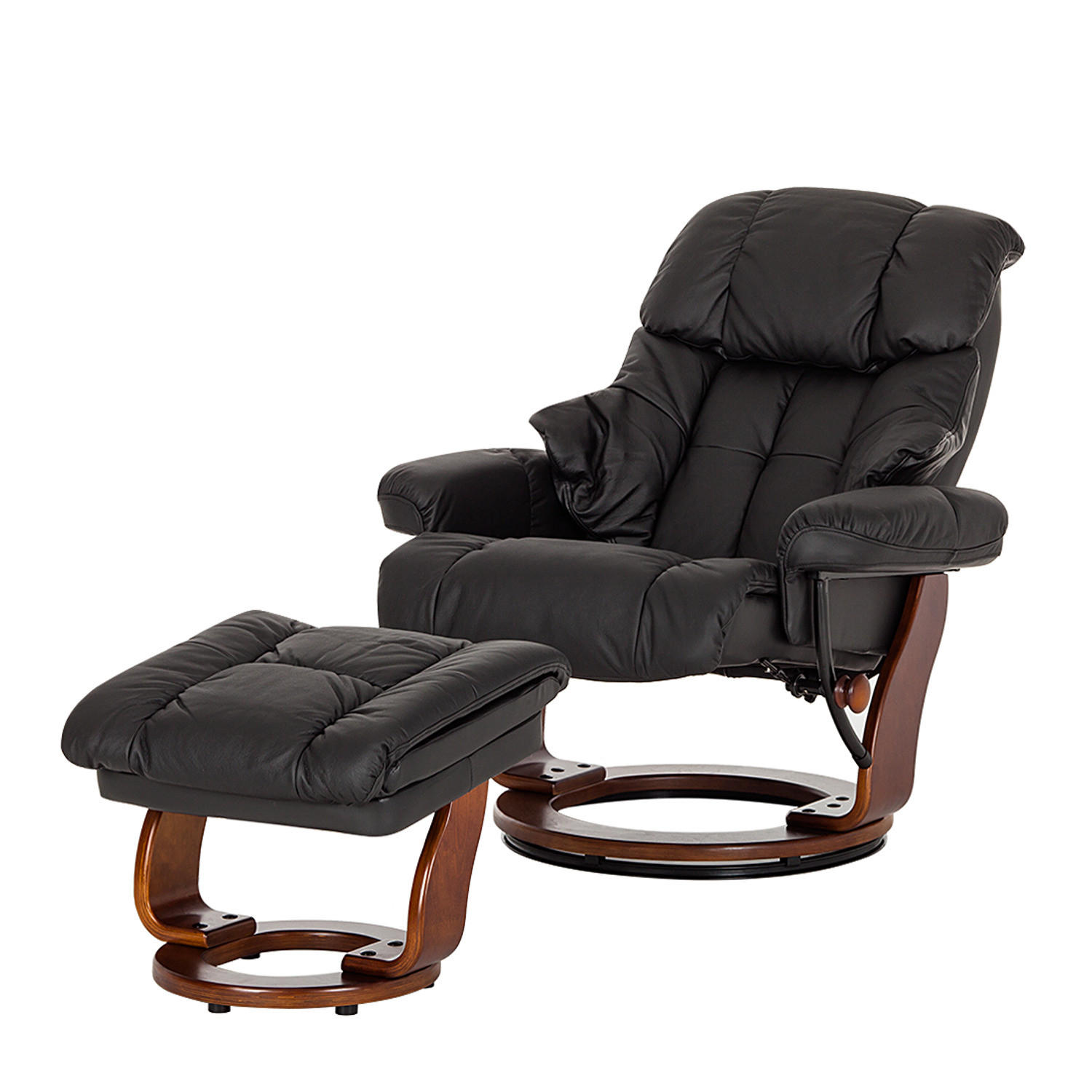 RELAXSESSEL mit Hocker - Echtleder / Kunstleder - Schwarz/Braun, Leder/Birkenholz (90/104/91cm) - home24