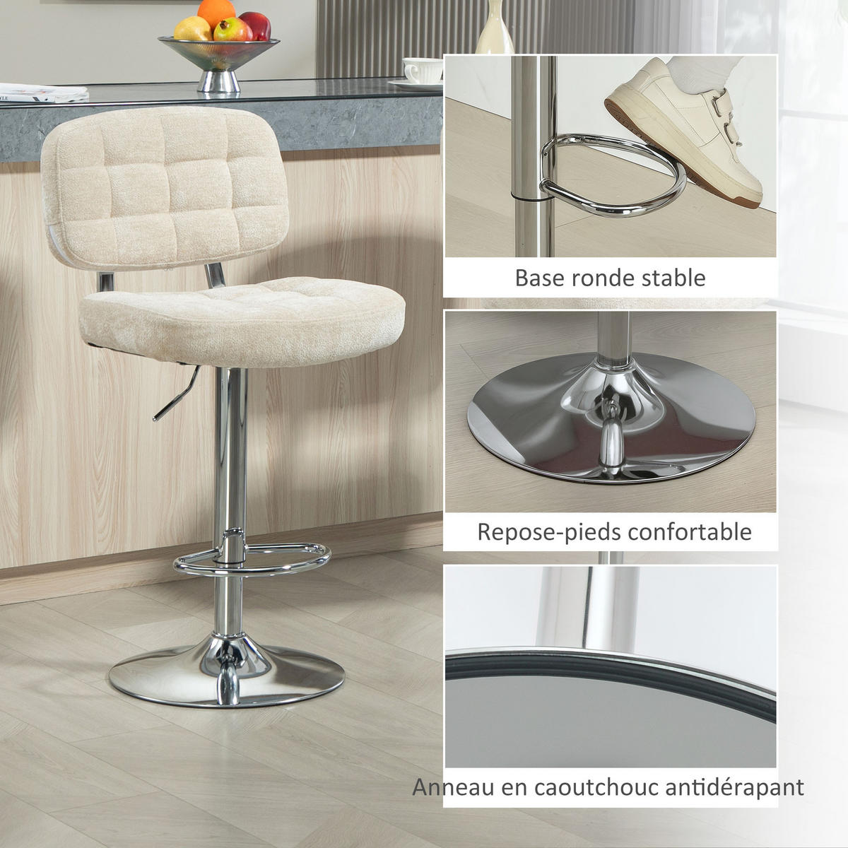 BARHOCKER 2er-Set DE-14756 höhenverstellbar mit Boucle-Stoff & Fußstütze Beige - Beige, Metall (45/115/51cm) - ComfortXL