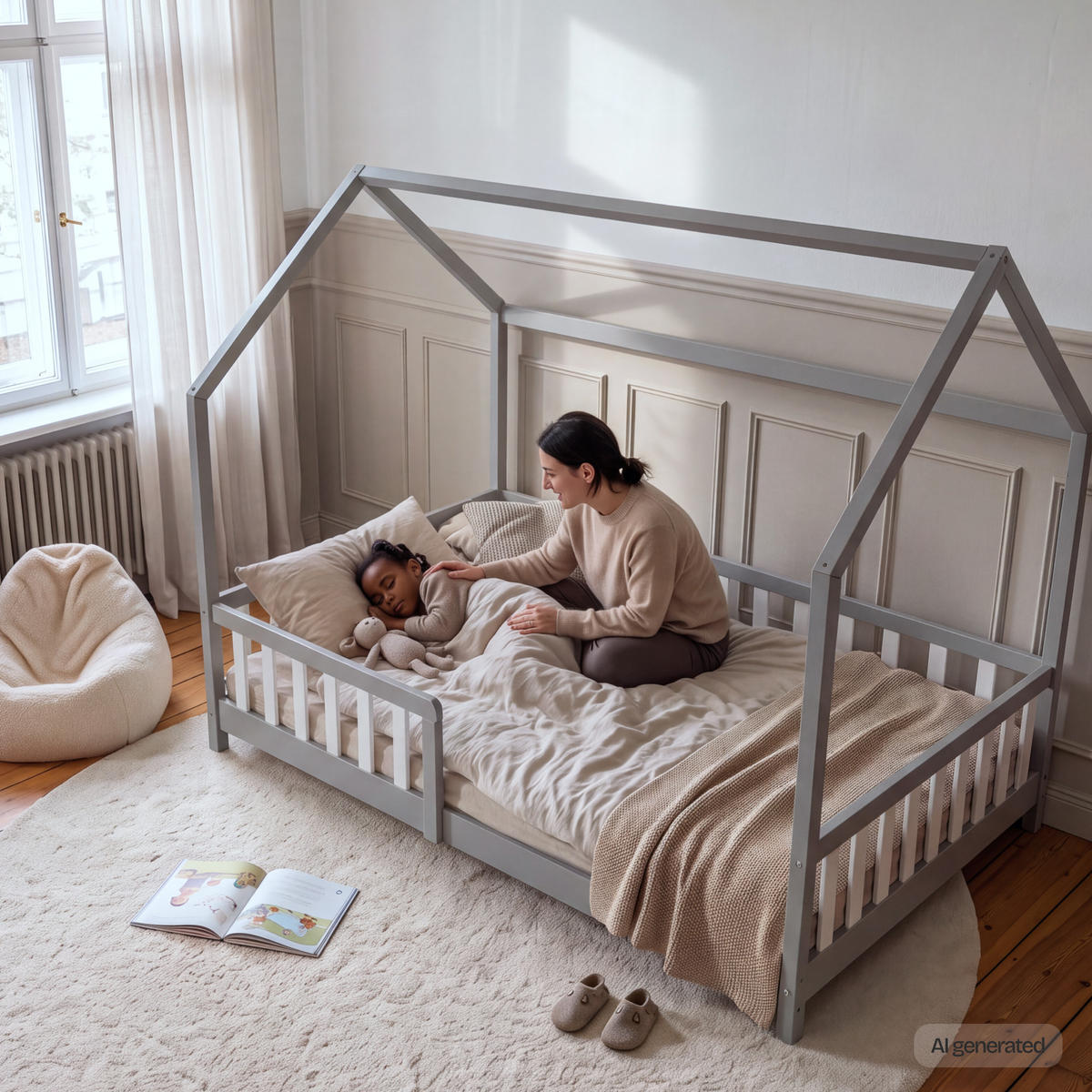 HAUSBETT Hesel - Weiß/Grau, Holz (140/200cm) - [en.casa]