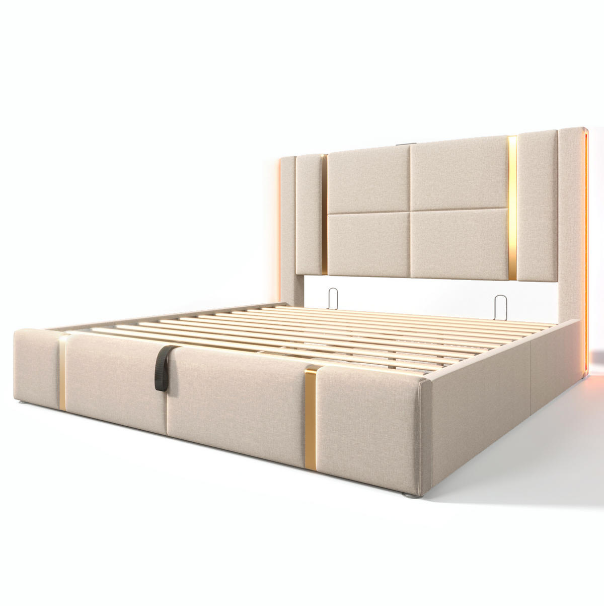 POLSTERBETT aus Leinen 140x200 cm in Beige mit LED & USB-C-Ladefunktion - Beige, Textil (140/200cm) - Modfu