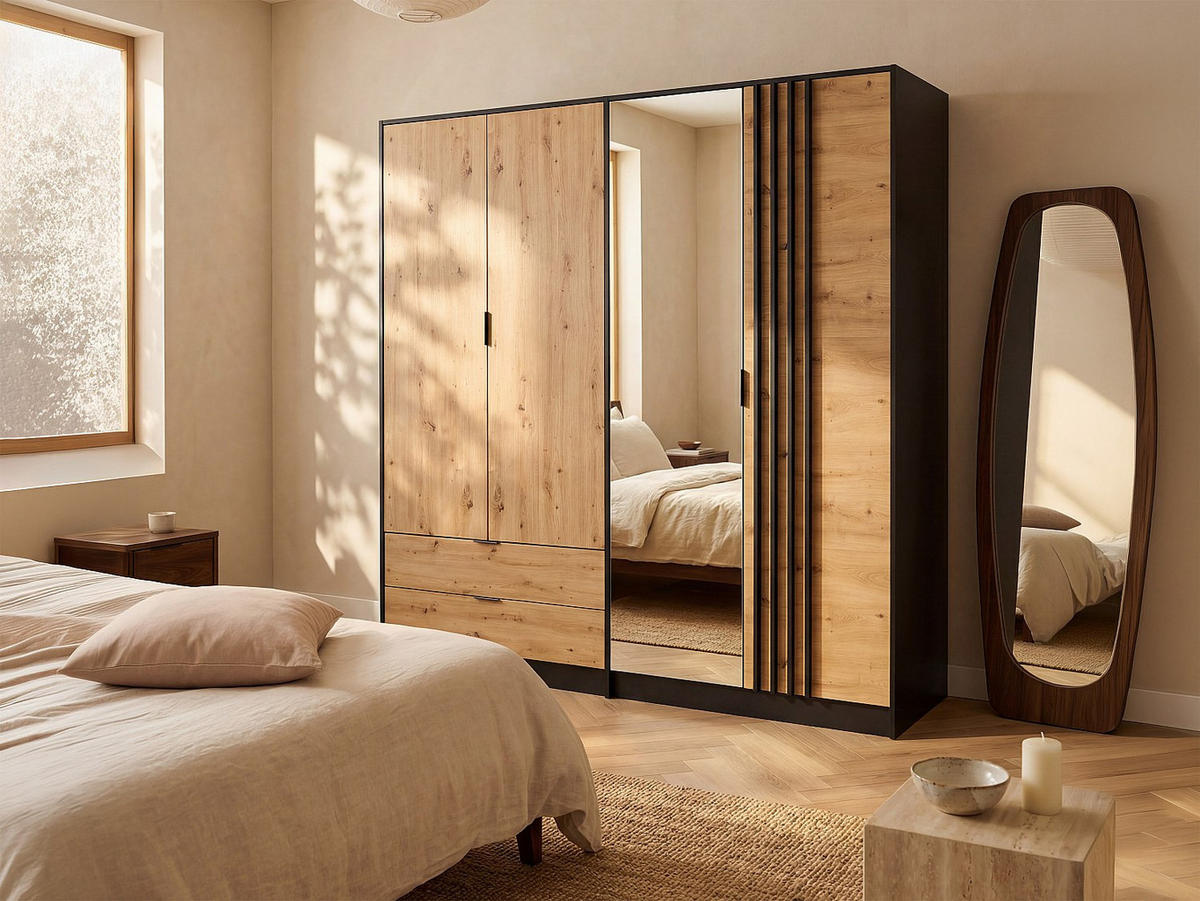 KLEIDERSCHRANK - 220.5 cm x 54 cm - Holz, Platte - Schwarz, Naturfarben Hell - TUNALO - Schwarz/Naturfarben, Holz (220.5/203/54cm) - Vente-Unique