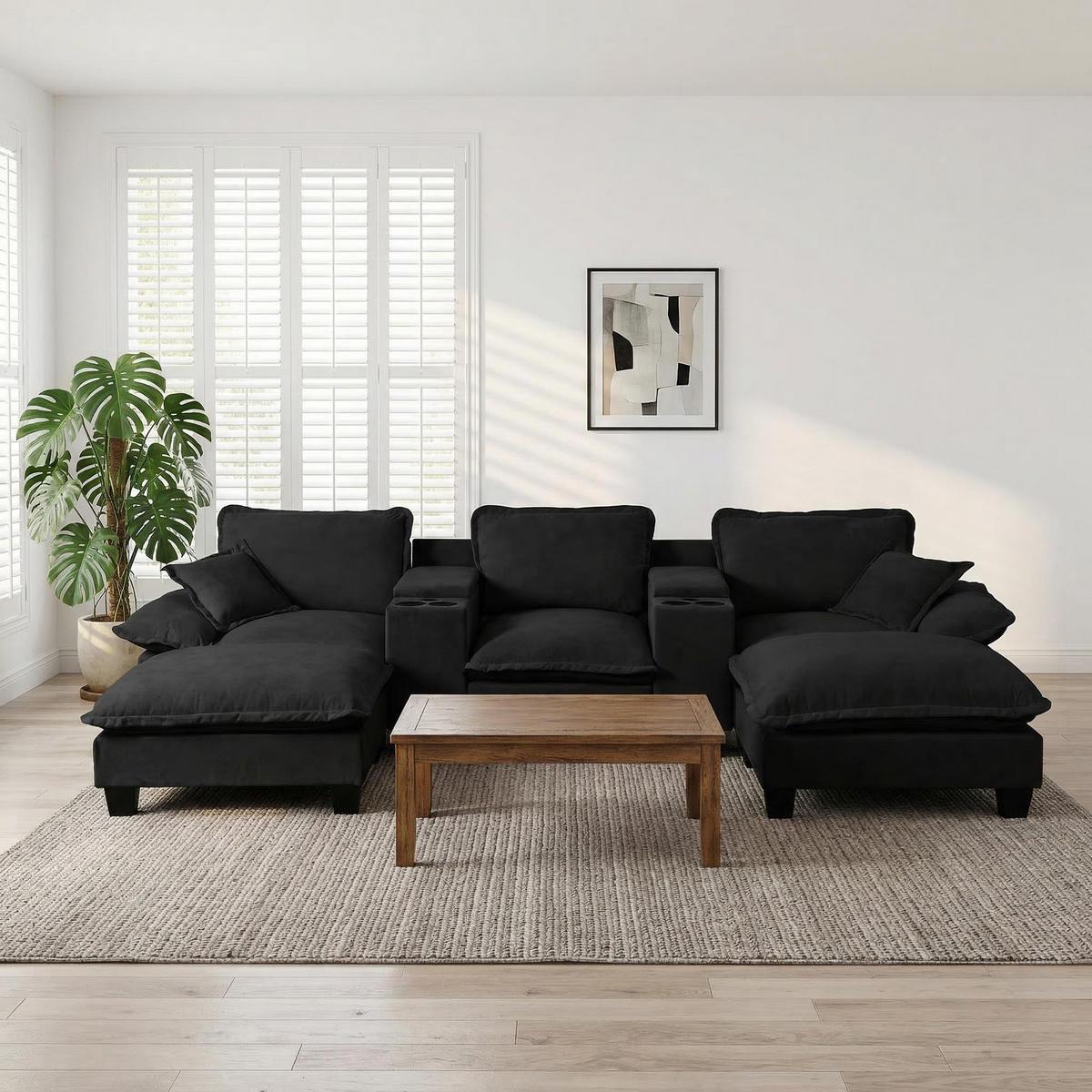 WOHNLANDSCHAFT 324/155/90 cm Schwarz mit 2 bewegliche Fußhocker, Getränkehaltern und Stauraum - Schwarz, Textil (323/90/151cm) - Oxeza