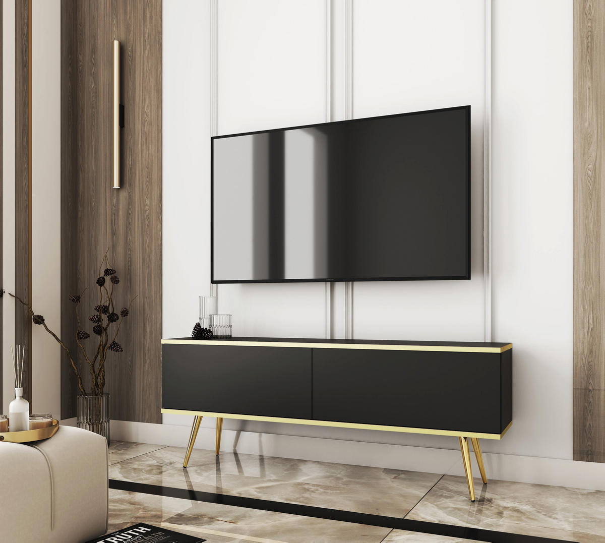 LOWBOARD – 135 cm – Oro – Mit Füßen – TV-GEN0302 - Schwarz, Holzwerkstoff (135/30/32cm) - hi-markt