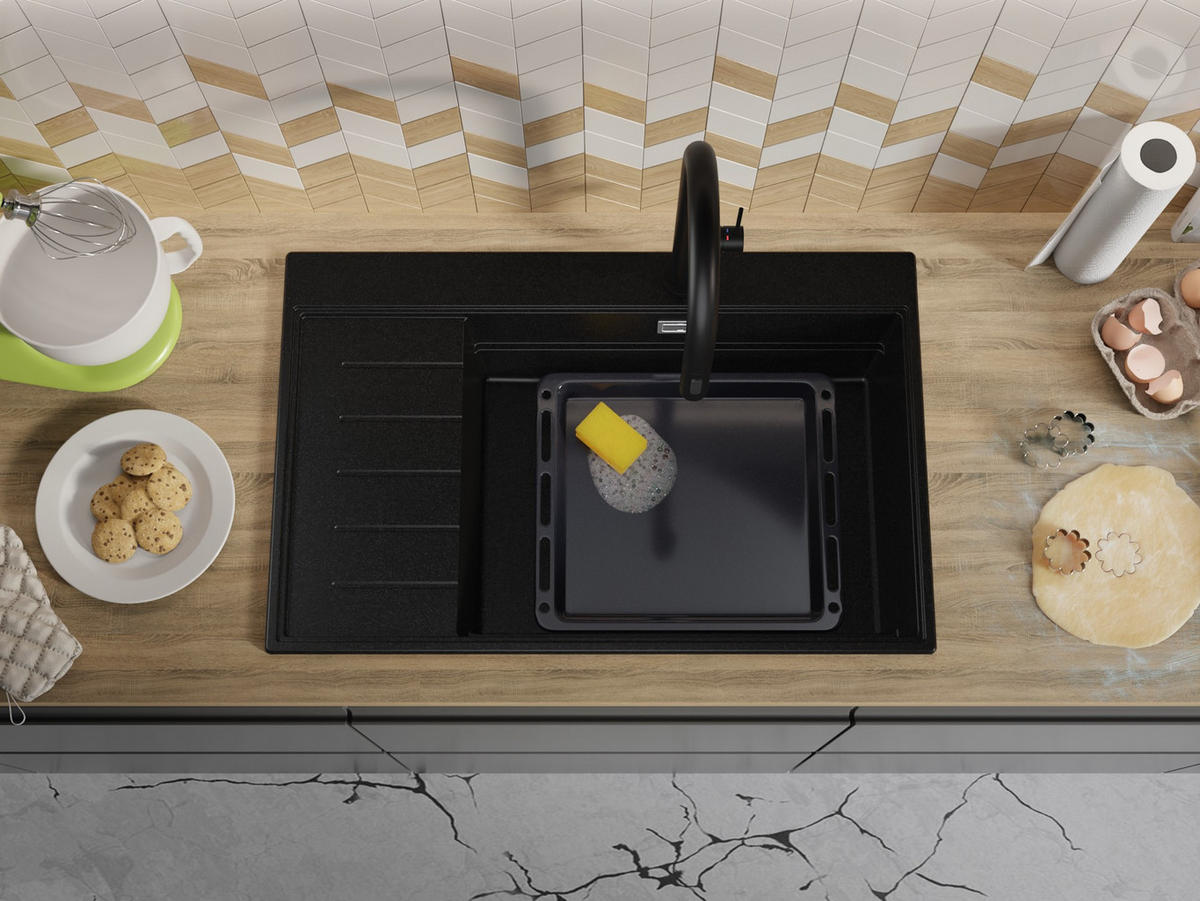 GRANITSPÜLE Sydney, 2-er set Alles Schwarz 78/50 cm 1 Becken + Küchenarmatur 32/20 cm + Ablauf-Set + Küchenzubehörset ab 60er Unterschrank - Schwarz, Kunststoff (78/20/50cm) - Primagran