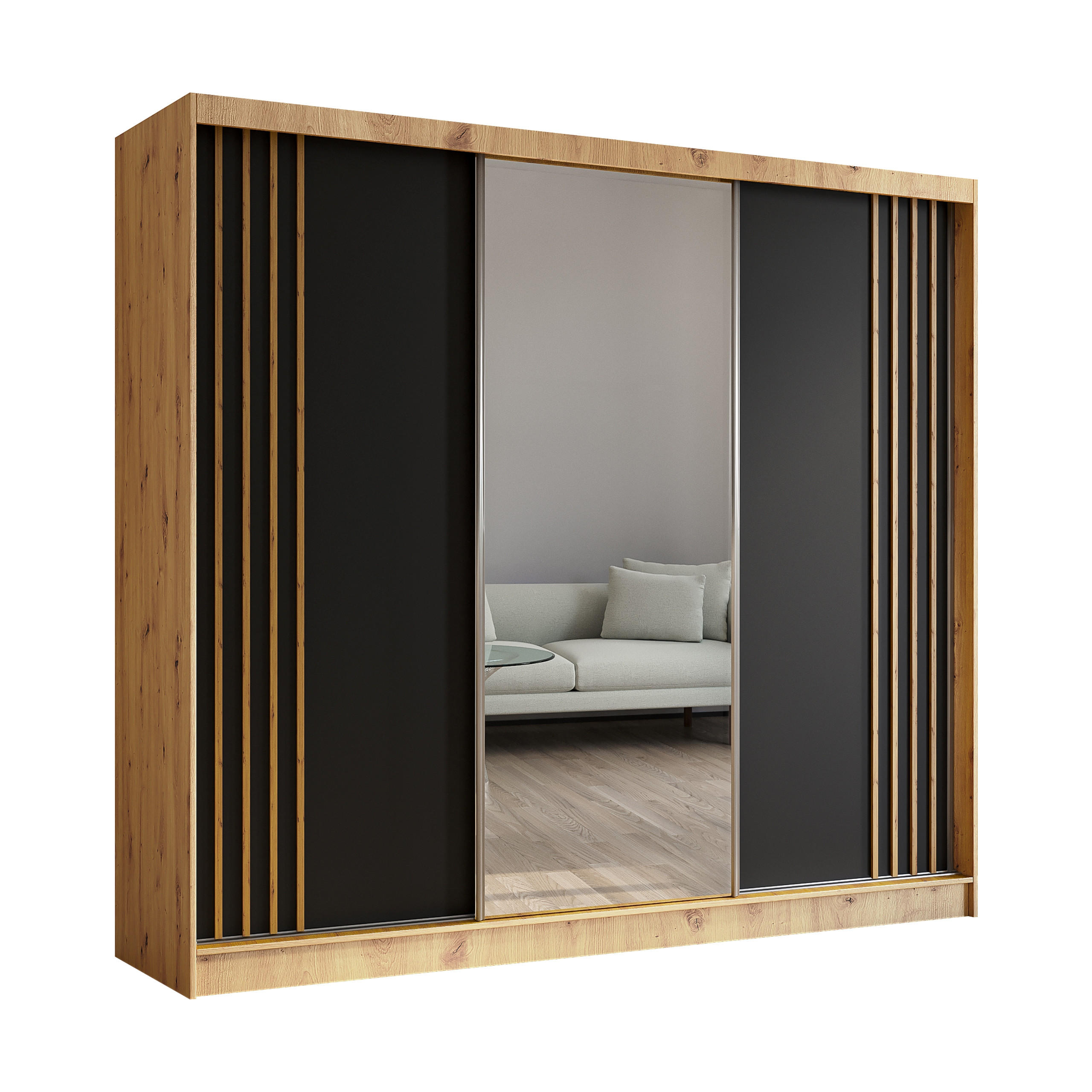 SCHWEBETÜRENSCHRANK NELVIA 240/216/61 cm 3-türig mit Spiegel Eiche Artisan - Schwarz/Eiche Artisan, Holzwerkstoff (240/216/61cm) - MASSENO