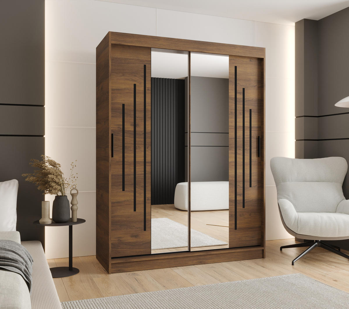 ŠATNÍ skříň s posuvnými dveřmi 200/150/62 2dveřová - černá/hnědá, dřevo/plast (150/200/62cm)