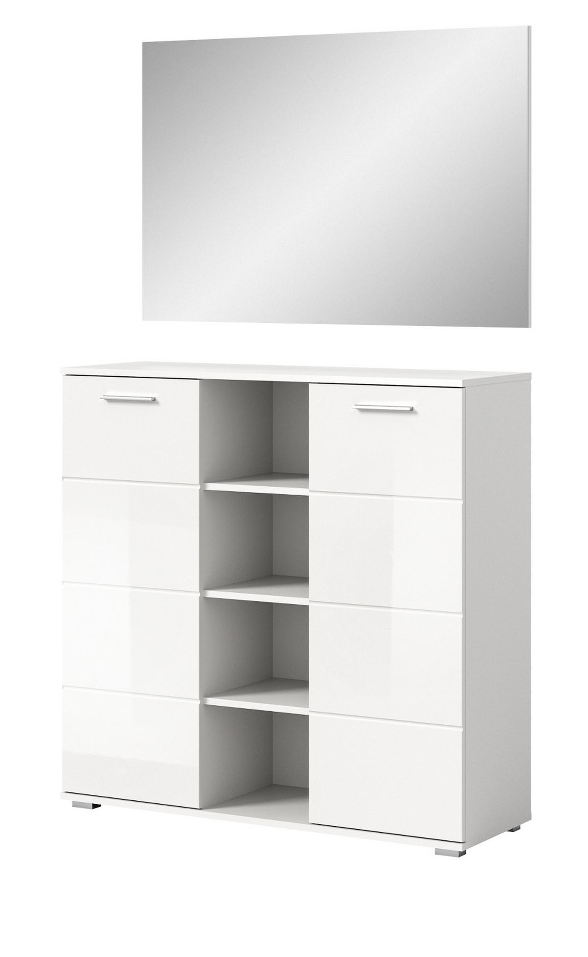 GARDEROBE Set 2-teilig weiß Hochglanz 110 cm, Kombination mit 10 Fächern - Weiß Hochglanz/Silberfarben, Glas/Holzwerkstoff (110/191/37cm) - Inn.Furn