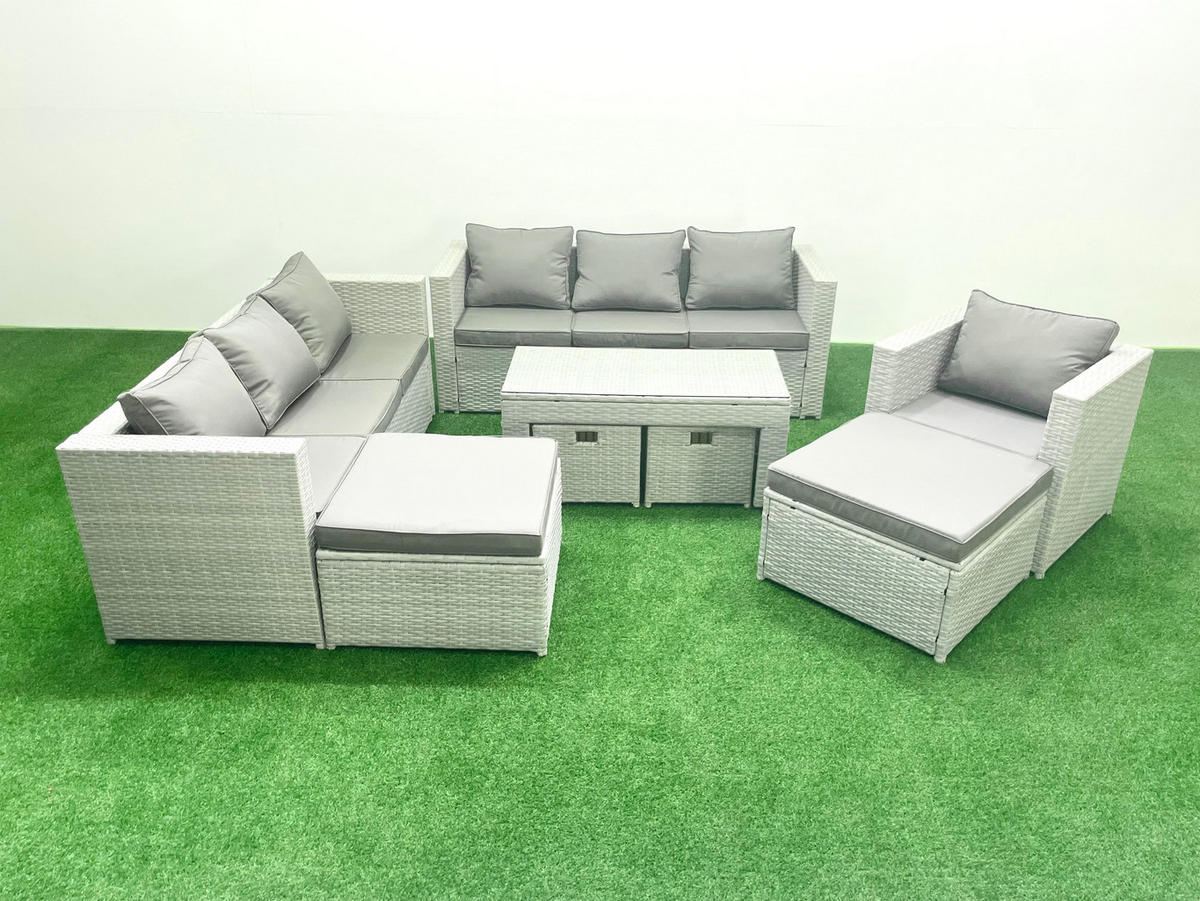 BALKONMÖBEL-SET Polyrattan Hellgrau-Mix 11-teilig - Hellgrau/Grau, Glas/Kunststoff - Fimous