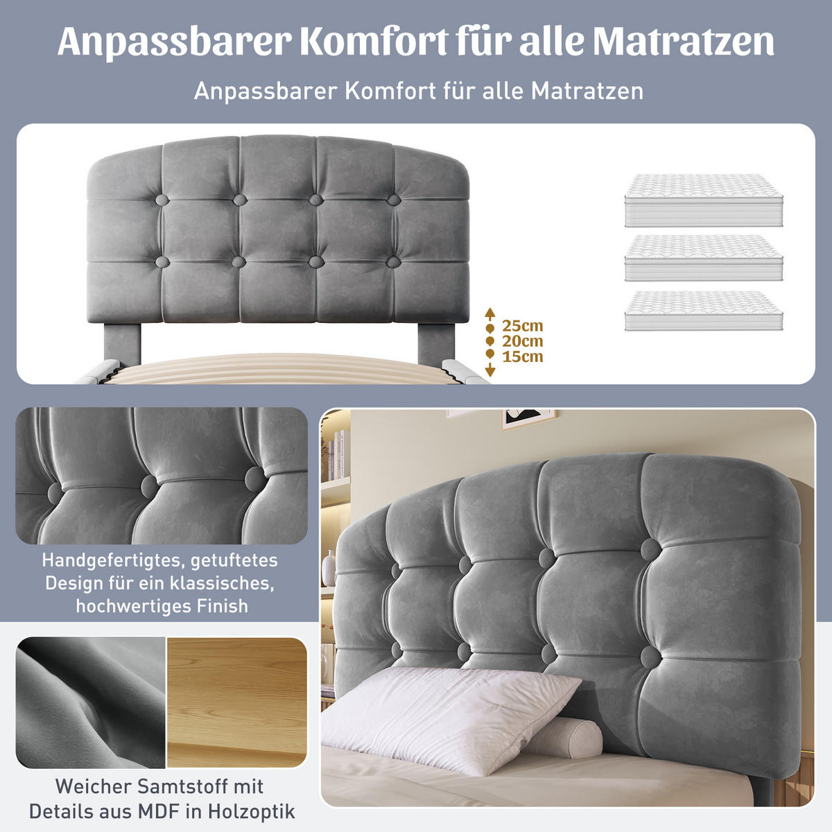POLSTERBETT 90/200 cm Grau mit 2 Schubladen und Stauraum - Grau, Textil (90/200cm) - Oxeza