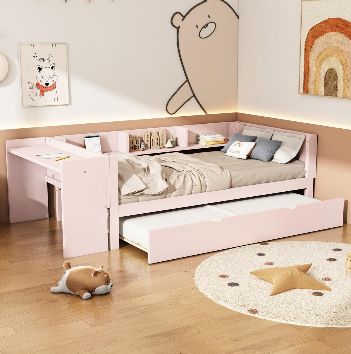 KINDERBETT 90/200 cm aus Kiefer und MDF mit Ausziehbett, Schreibtisch und 3 Regalen Rosa - Rosa, Holz (90/200cm) - Modenvie