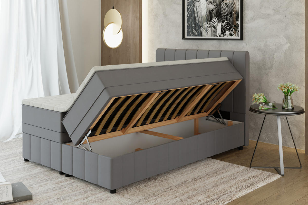 BOXBETT AVALON 140 x 200 cm mit Bettkasten und Topper - Dunkelgrau - Dunkelgrau, Holz - Panda Möbel