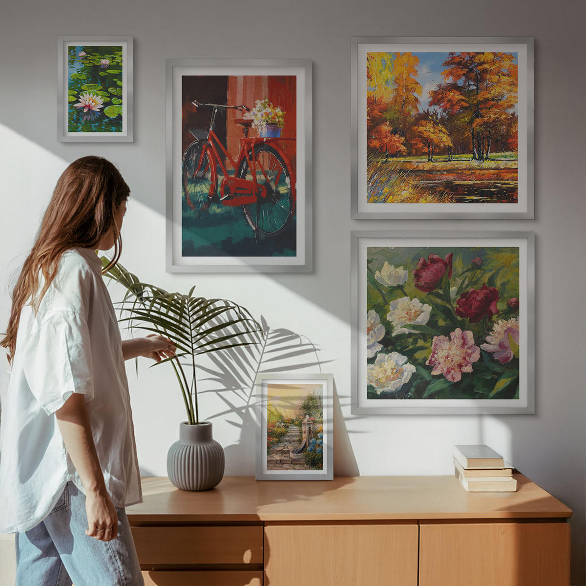 BILDER SET 5er Set - 50x50 cm & 20x30 cm & 40x60 cm Silberner Rahmen - Strand Holzsteg Klippen - Silberfarben, Kunststoff (40/60cm) - TULUP