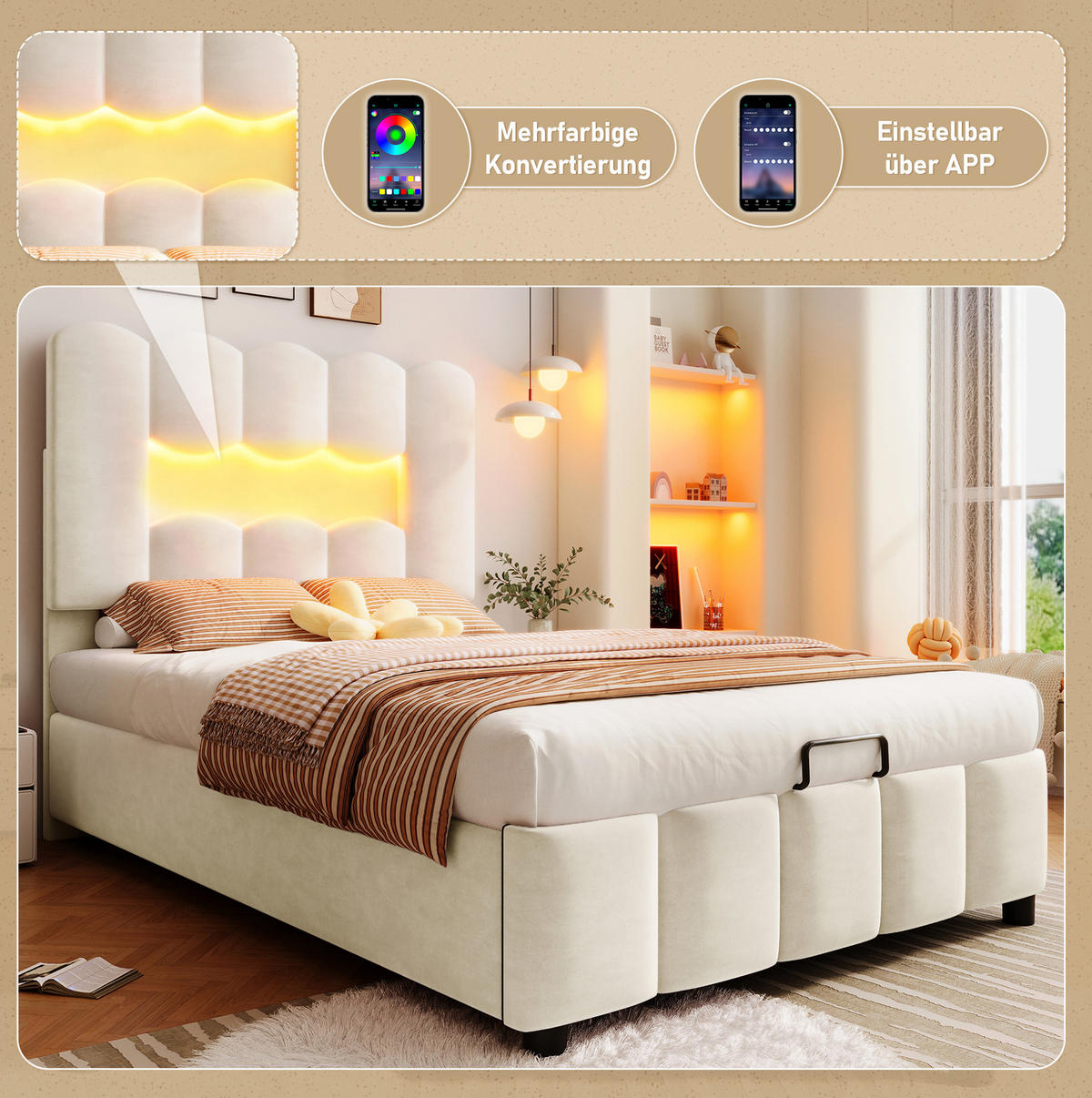 POLSTERBETT 90/200 cm mit LED-Beleuchtung, hydraulischem Bettkasten und verstellbarem Kopfteil, Beige - Beige, Textil (90/200cm) - Redom